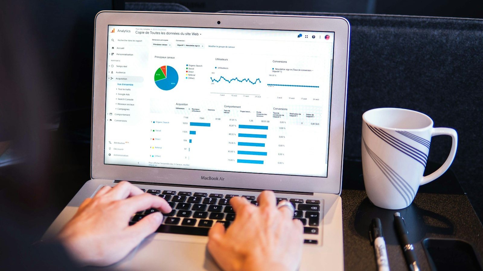 A laptop showing an analytics dashboard next to a coffee mug