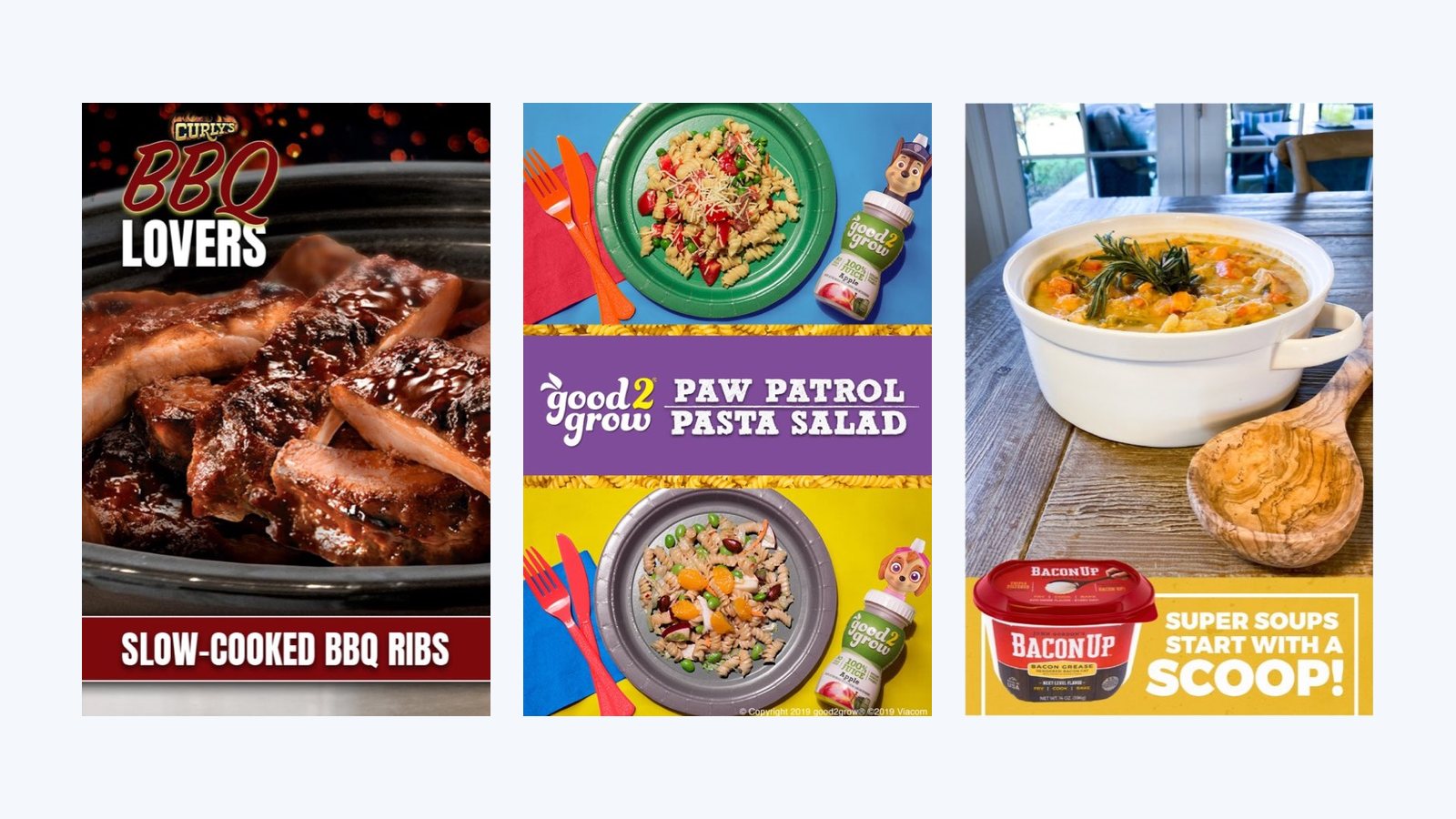 Three Pinterest pins created by Grimm Marketing for Curly's, good2grow and Bacon Up