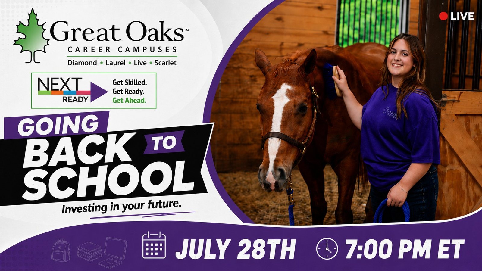 Cover art for a Great Oaks Career Campuses YouTube Live event, Going Back to School